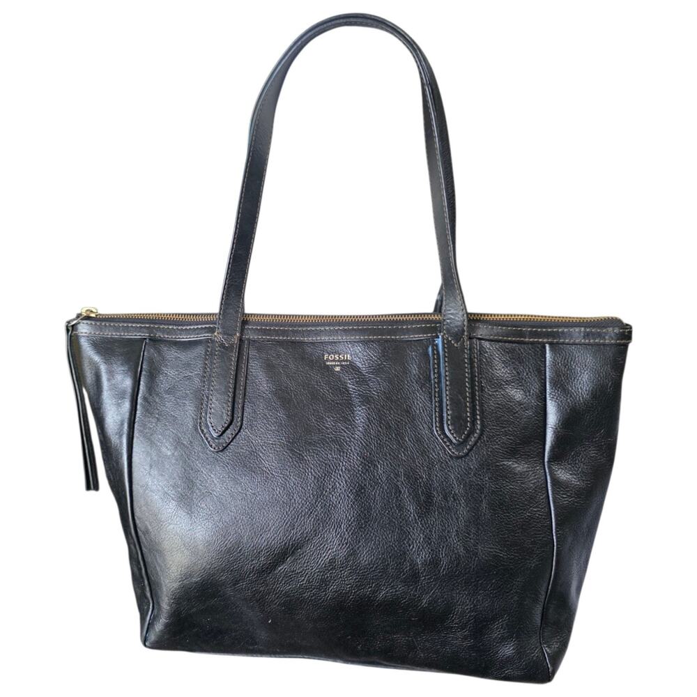 Fossil Sydney Shopper Tote Black Leather Large Shoulder Bag Zip Work Purse
